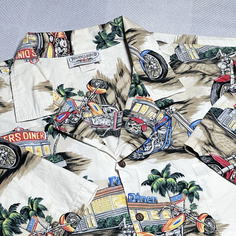 Vintage Pacific Legend Motorcycle Diner AOP Hawaiian Button Camp‎ Shirt Size 3XL